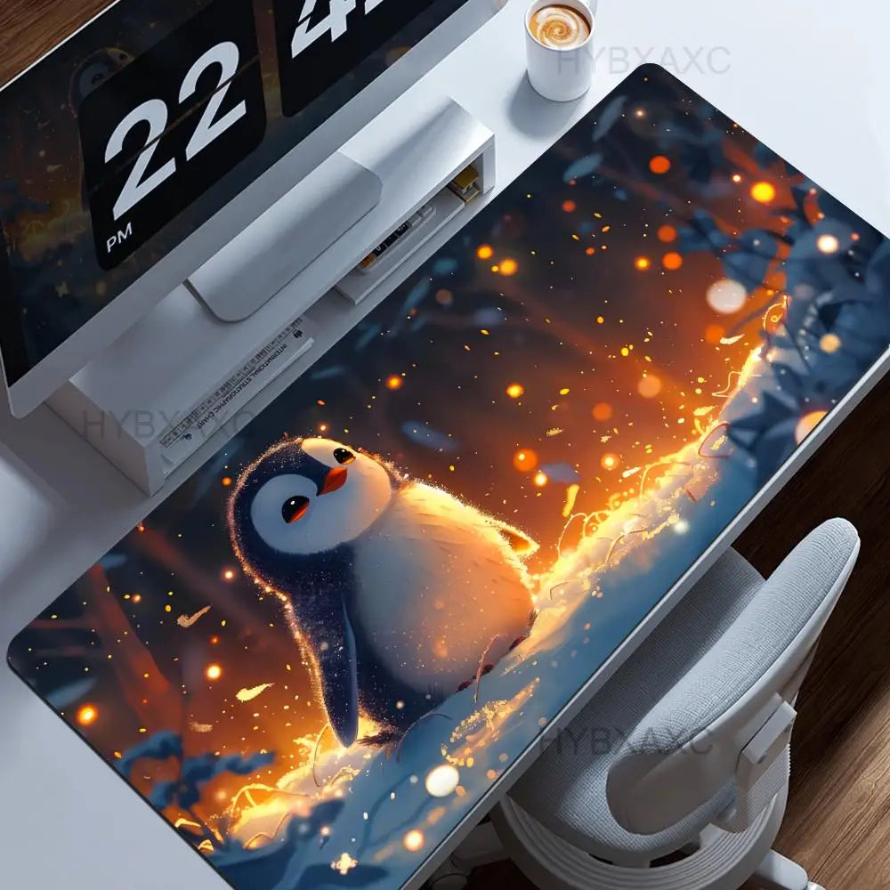 Little Kawaii Penguin Desk Mat, Magical Winter Wonderland Snow Land, Large Keyboard XL Mouse Pad, Cute Animals, Office Gift