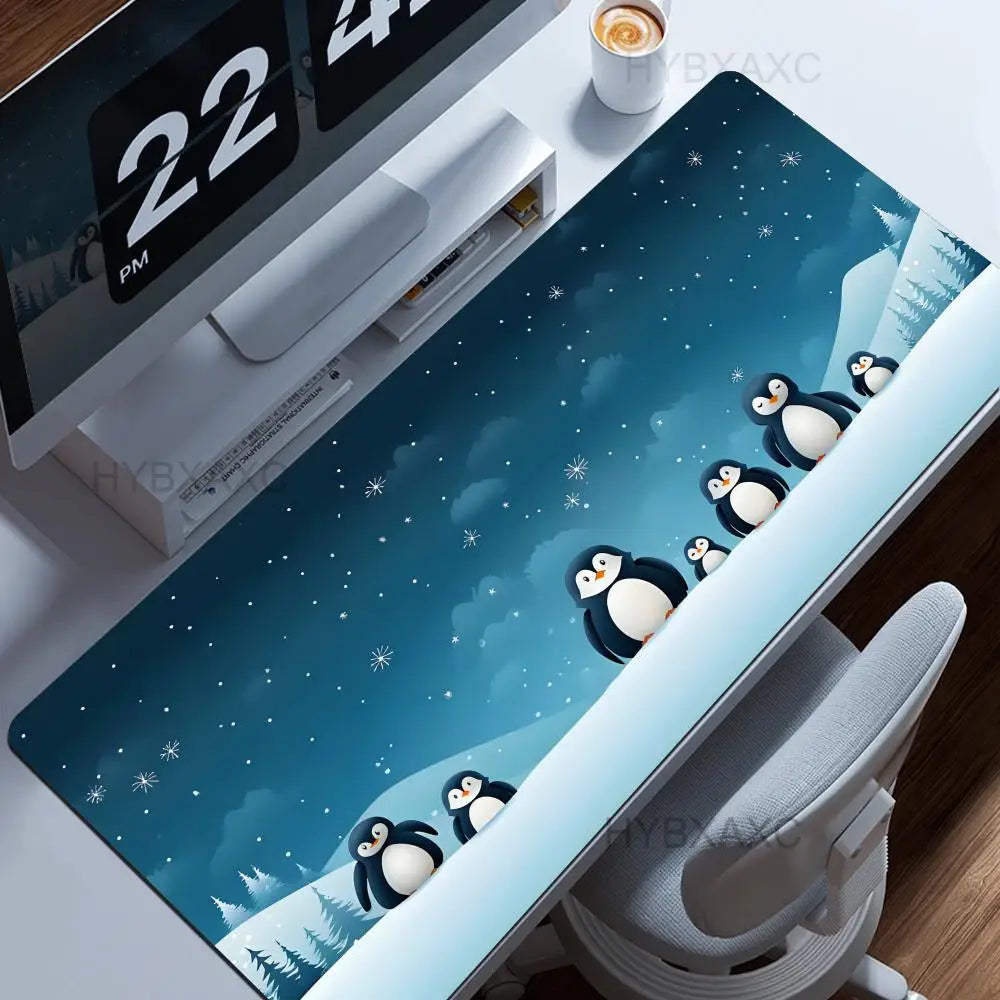 Little Kawaii Penguin Desk Mat, Magical Winter Wonderland Snow Land, Large Keyboard XL Mouse Pad, Cute Animals, Office Gift