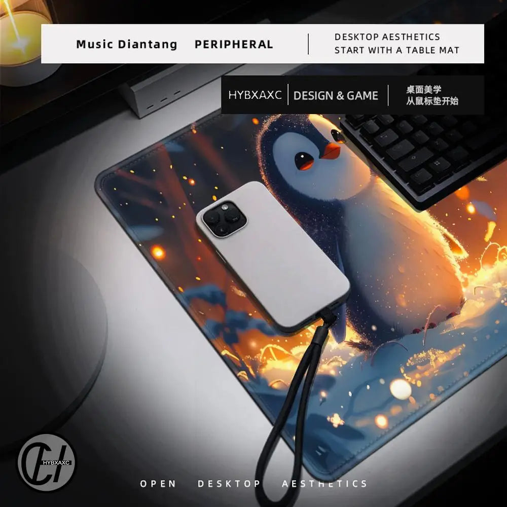 Little Kawaii Penguin Desk Mat, Magical Winter Wonderland Snow Land, Large Keyboard XL Mouse Pad, Cute Animals, Office Gift