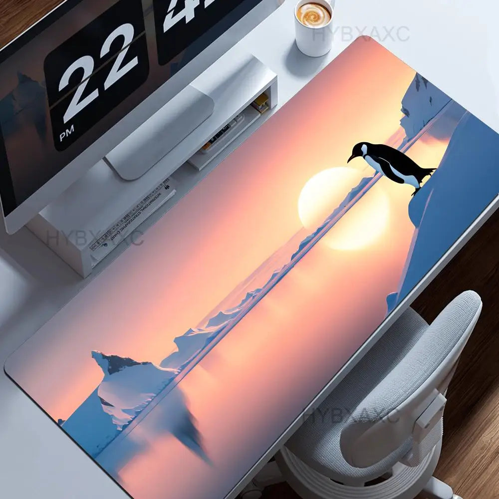 Little Kawaii Penguin Desk Mat, Magical Winter Wonderland Snow Land, Large Keyboard XL Mouse Pad, Cute Animals, Office Gift